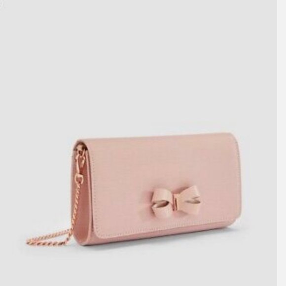 Ted Baker Pink Leather Bow Matinee Small Crossbody Clutch Chain Pink Gold - Picture 1 of 10